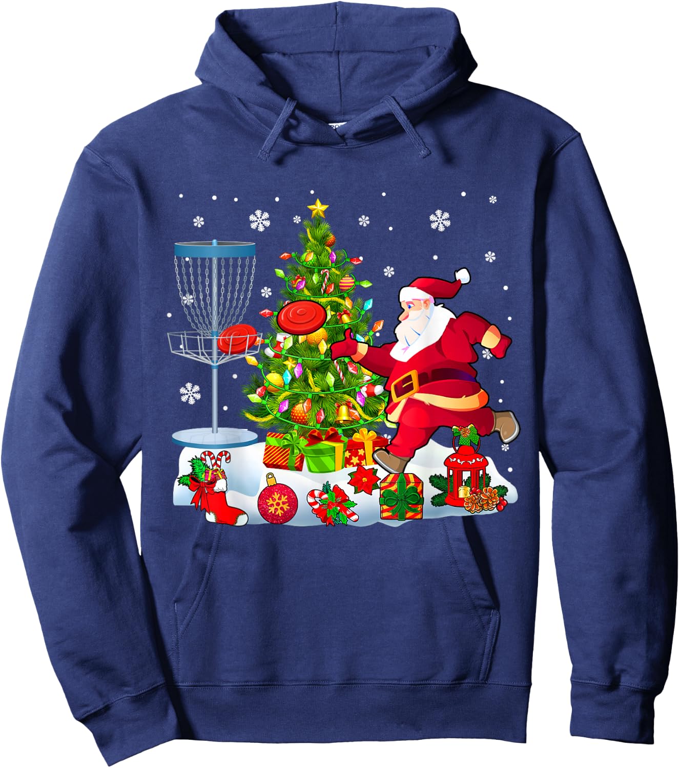 Xmas Tree Light Presents Santa Playing Disc Golf Player Hoodie - Hoodie | Navy
