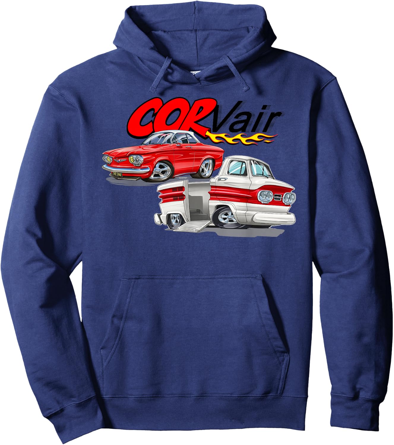 Corvair Cartoon Coupe and Rampside Truck Hoodie - Hoodie | Navy