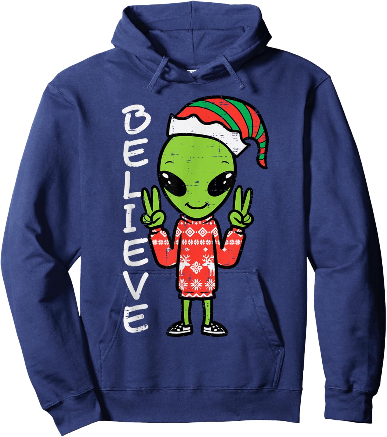 Christmas Alien Elf Believe Funny Xmas Space Men Women Kids Hoodie - Hoodie | Navy