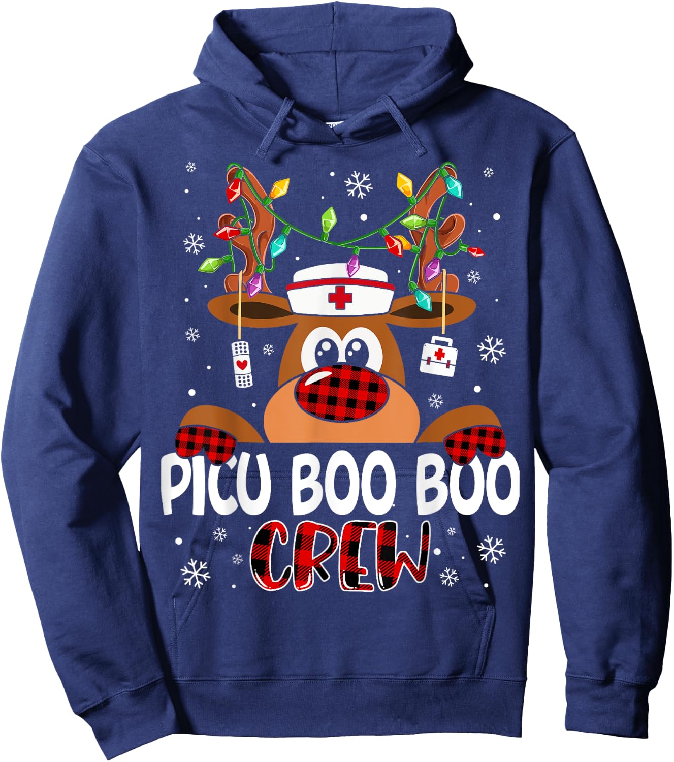 Reindeer PICU Nurse Boo Crew Christmas Buffalo Plaid Nurse Hoodie - Hoodie | Navy