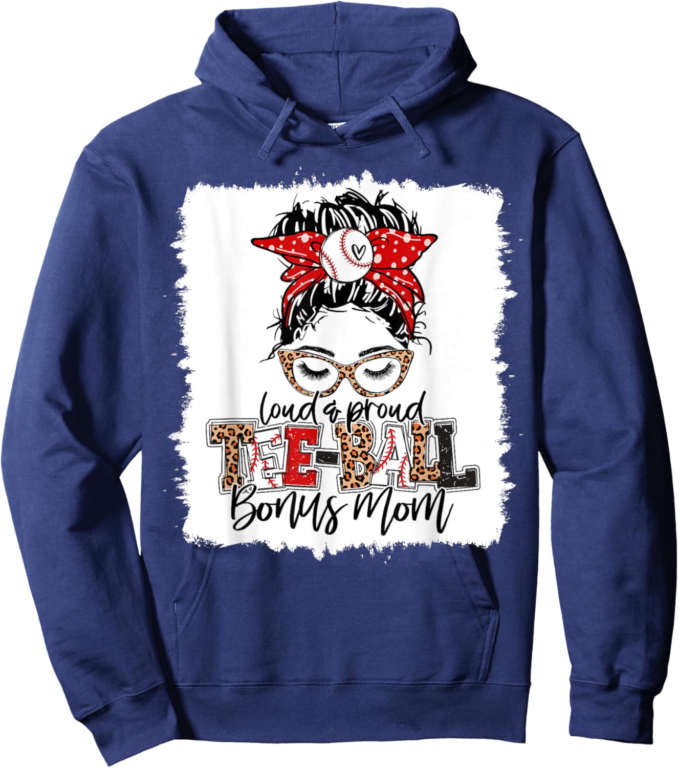 T-Ball Bonus Mom Ball Leopard Print Squad Messy Bun Hair Hoodie - Hoodie | Navy
