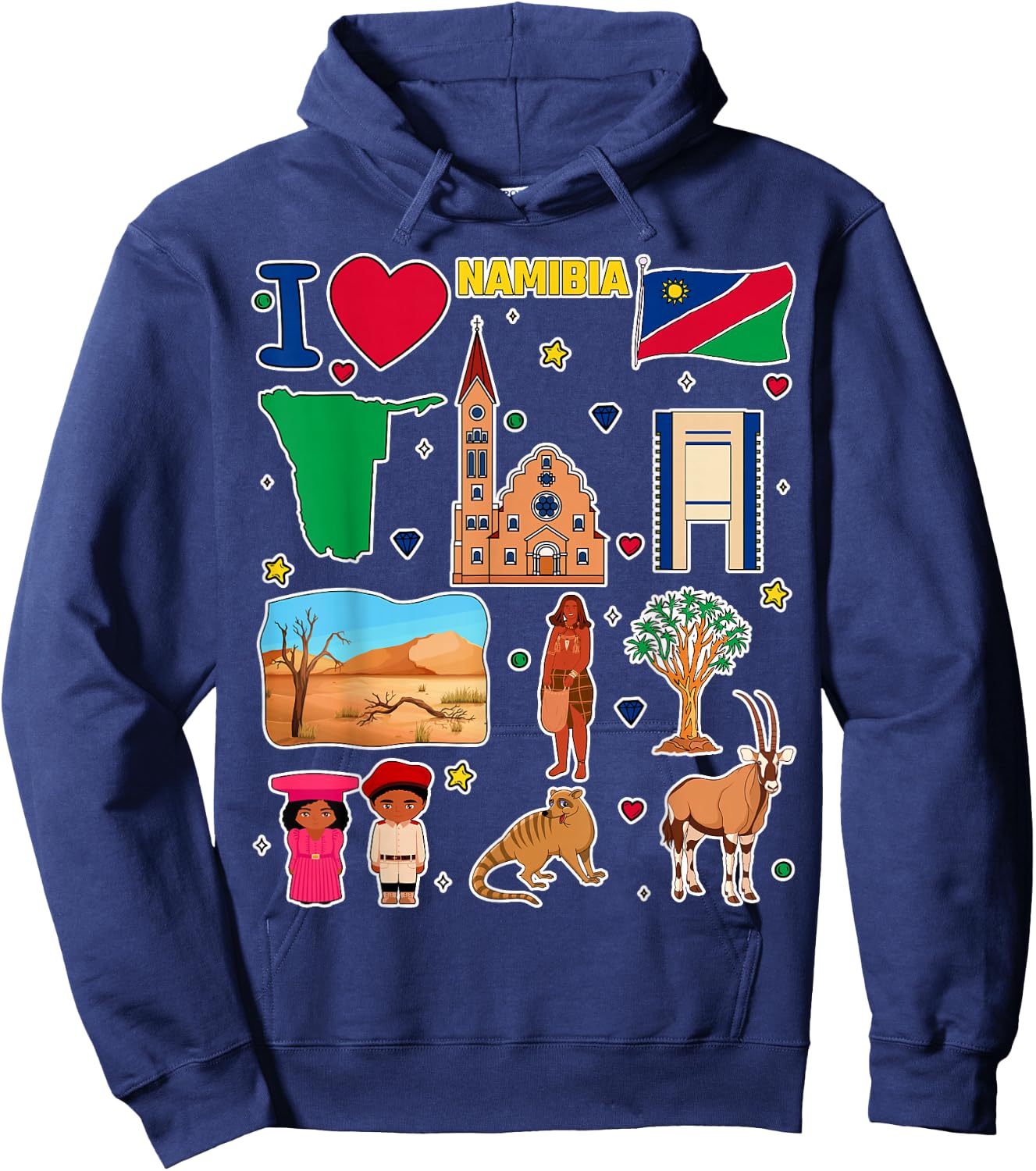 Namibian hand drawn symbols, Namibia map, cultural icons Hoodie - Hoodie | Navy