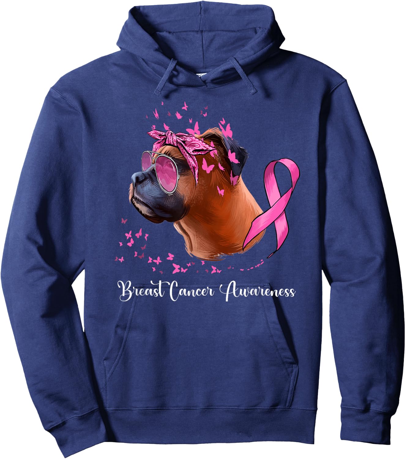 Boxer Dog Lover Pink Ribbon Breast Cancer Awareness Hoodie - Hoodie | Navy