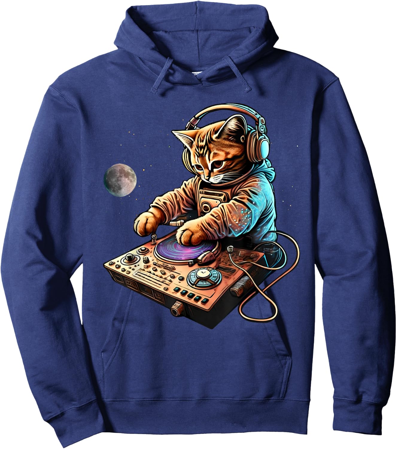 DJ Cat, Cute Space Cat Disc Jockey Cat in Astronaut Suit Hoodie - Hoodie | Navy