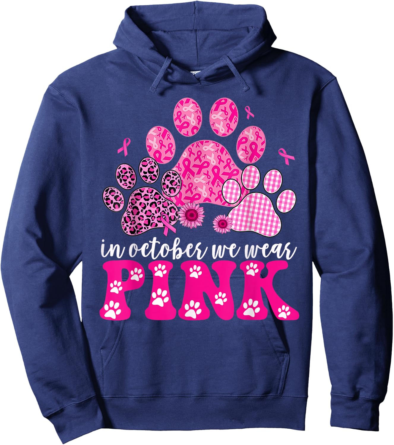 In October We Wear Pink Dog Cat Paw Breast Cancer Awareness Hoodie - Hoodie | Navy