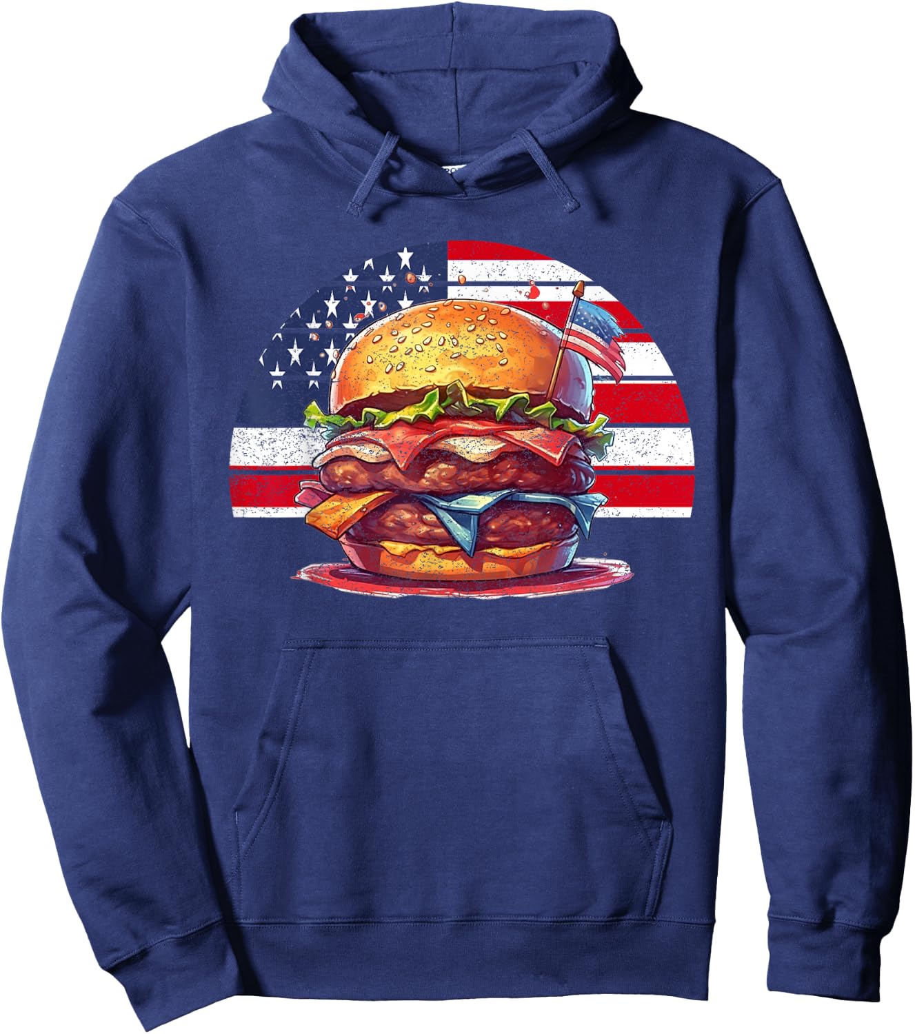 4th Of July Burger Vintage American USA Flag Women Hoodie - Hoodie | Navy