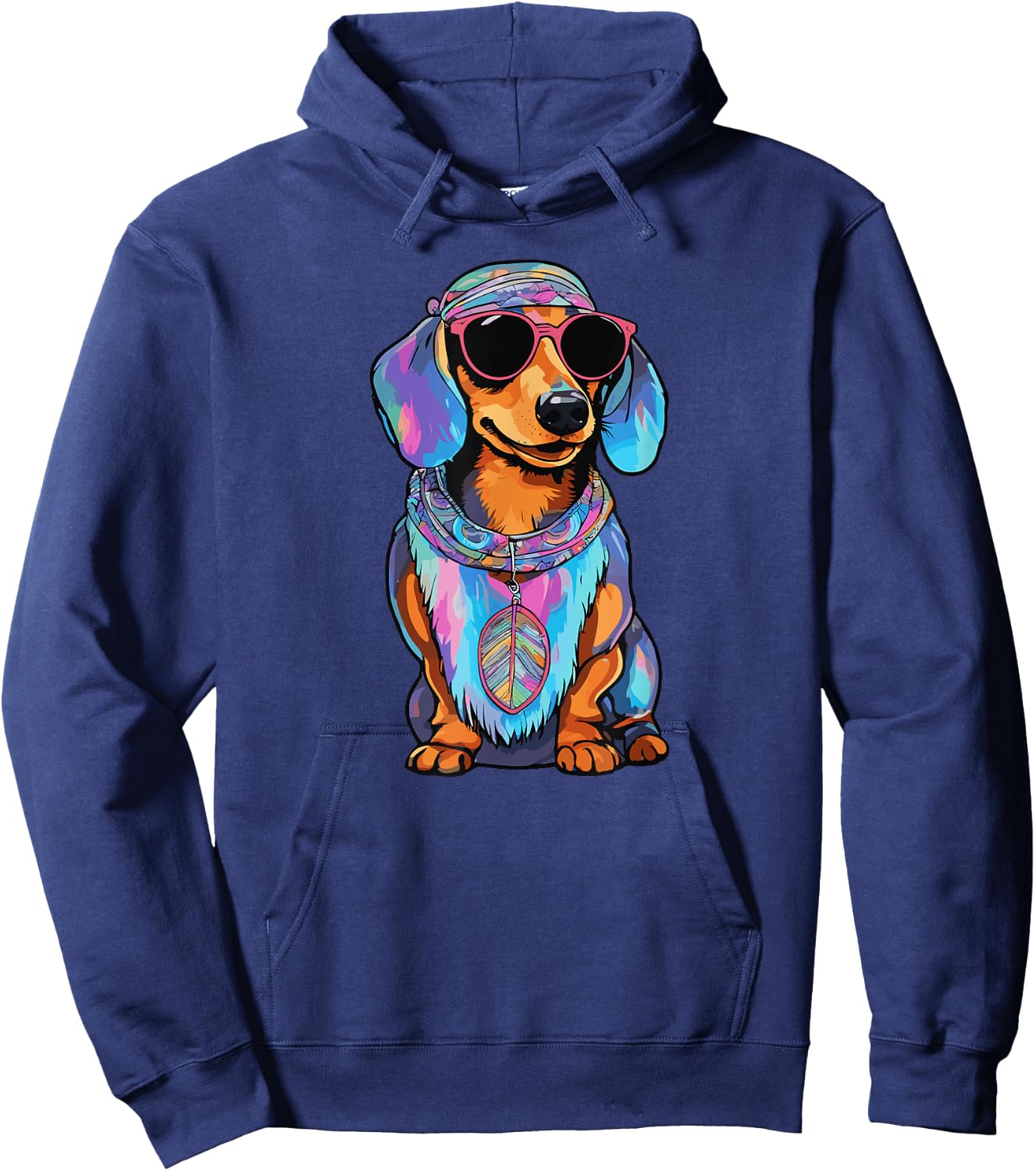 Colorful Tie Dye Hippie Dachshund Dog Wearing Sunglasses Men Women Girls Kids Hoodie - Hoodie | Navy