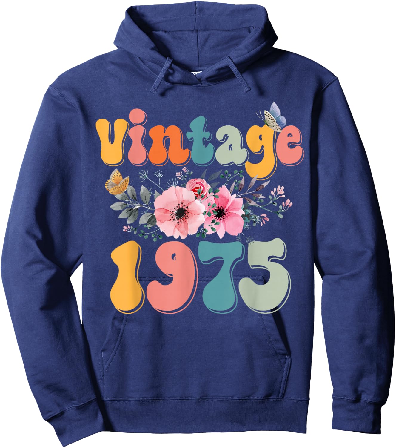 Retro Groovy Vintage 1975 Floral Butterfly 50th Birthday Hoodie - Hoodie | Navy