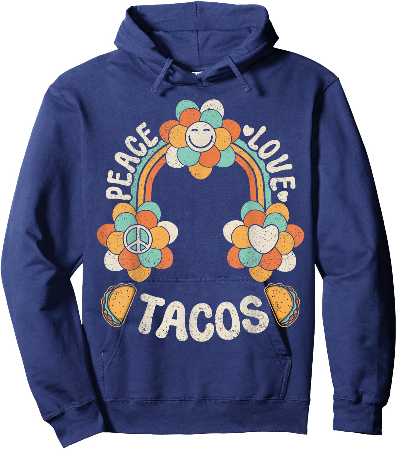 Groovy Rainbow Outfit Mexican Food Lover Peace Love Tacos Hoodie - Hoodie | Navy