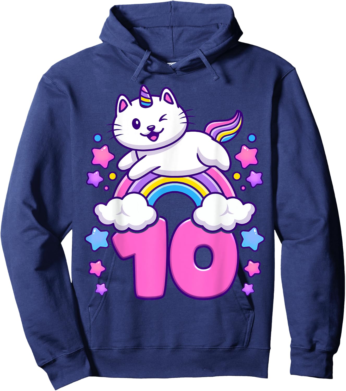 Birthday girl 10 years old, cat, unicorn, 10th birthday Hoodie - Hoodie | Navy