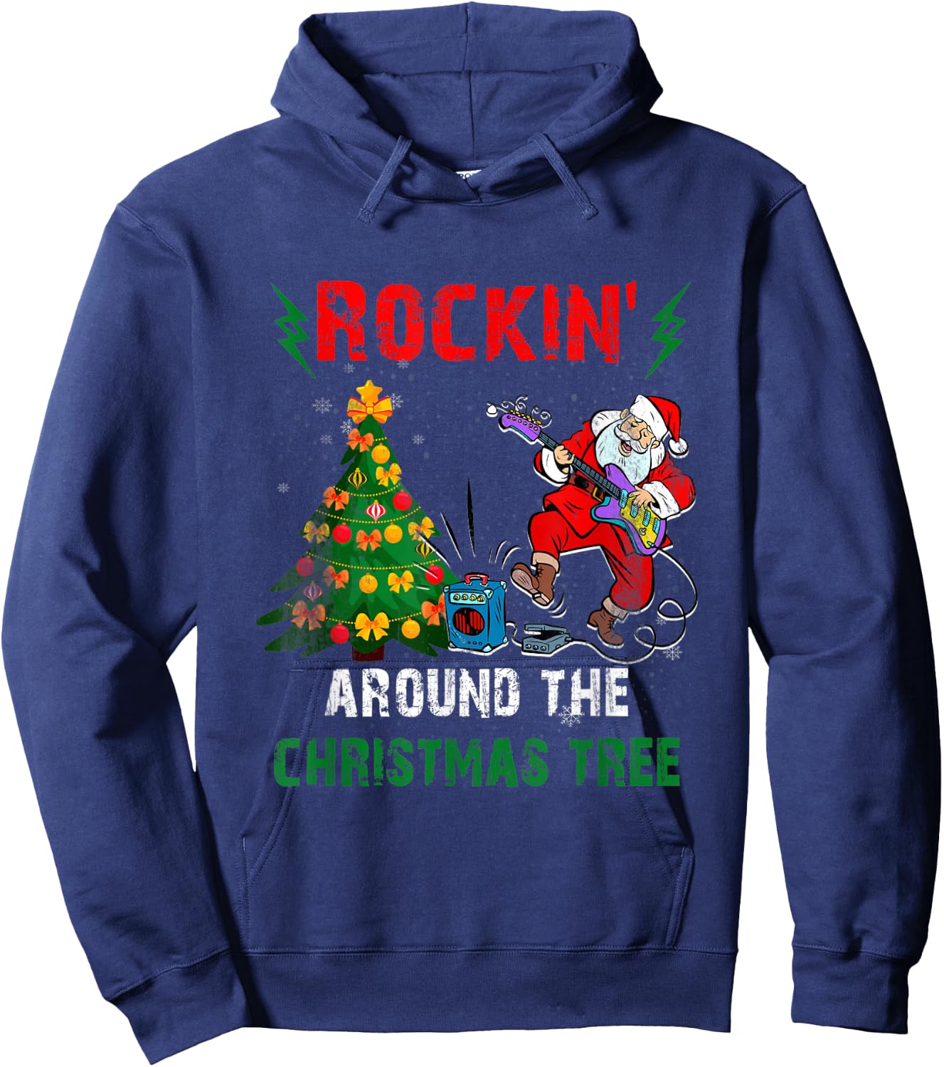 Rockin Around Christmas Tree Funny Rocker Santa Music Hoodie - Hoodie | Navy