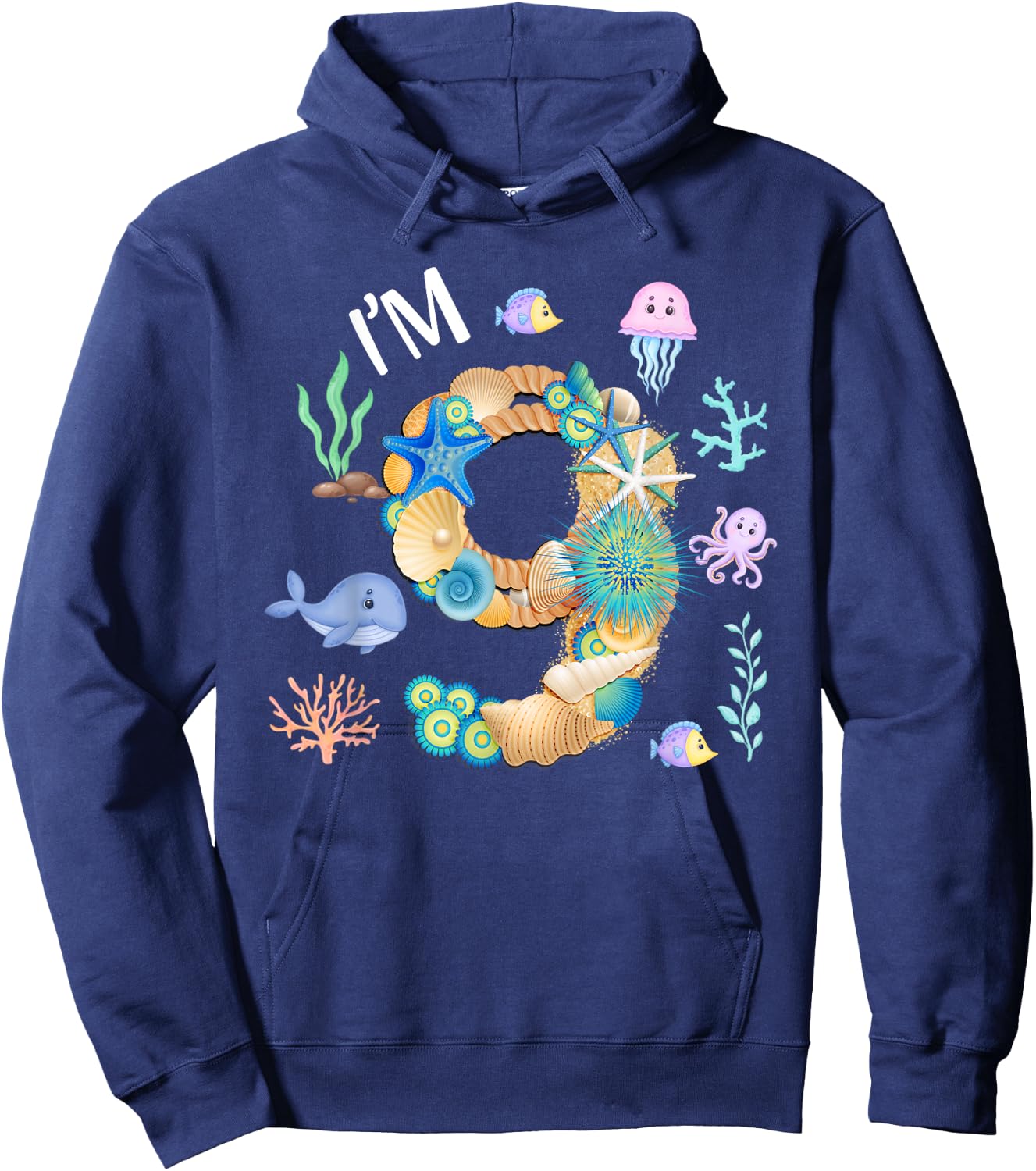 Under The Sea 9th Birthday Boy Whale Fish 9 Year Old Bday Hoodie - Hoodie | Navy