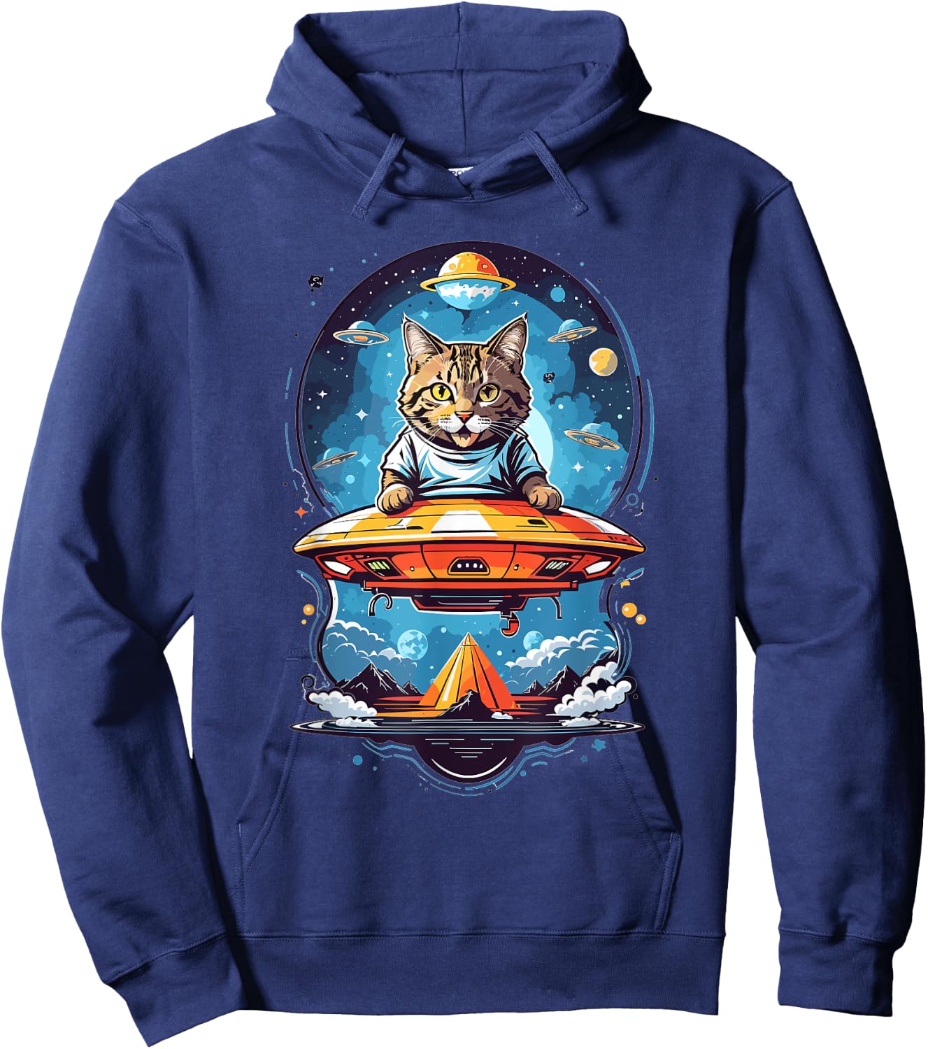 Aliens and UFO Cats Cute Cat Abducted By UFO Graphic - Black - -Adults/Kids - Short Sleeve - Small - Classic Fit - Cotton 50% Polyester 50% Hoodie - Hoodie | Navy