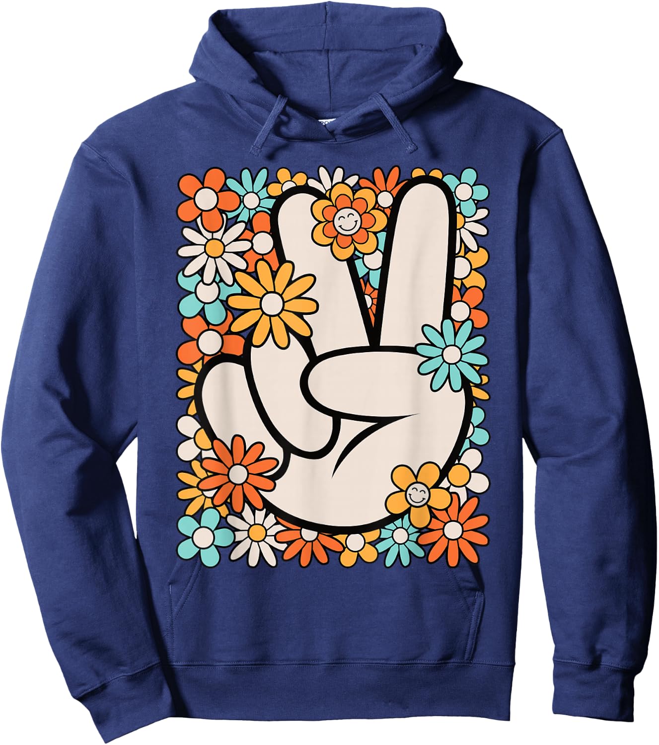 Hippie Peace Hand Sign Groovy Flower 60s 70s Men Women Kids Hoodie - Hoodie | Navy