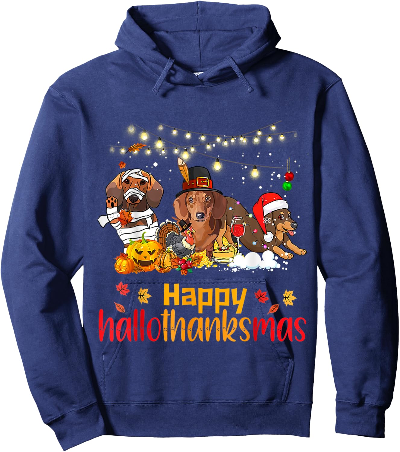 Halloween Christmas Happy Hallothanksmas Dachshund Dog Lover Hoodie - Hoodie | Navy