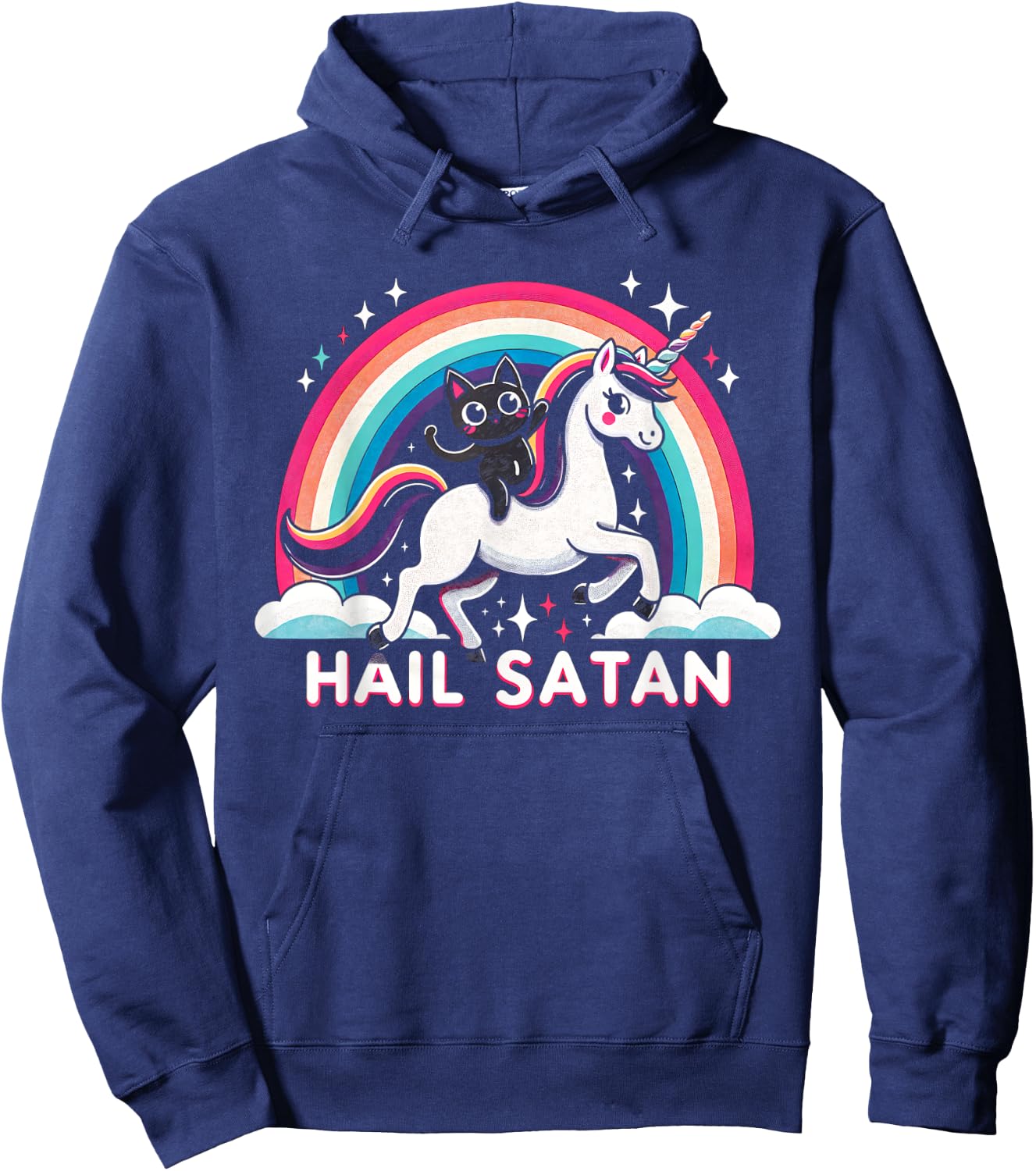 Cute Satanic Cat Riding A Unicorn Over A Rainbow Hail Satan Men Women Kids Hoodie - Hoodie | Navy