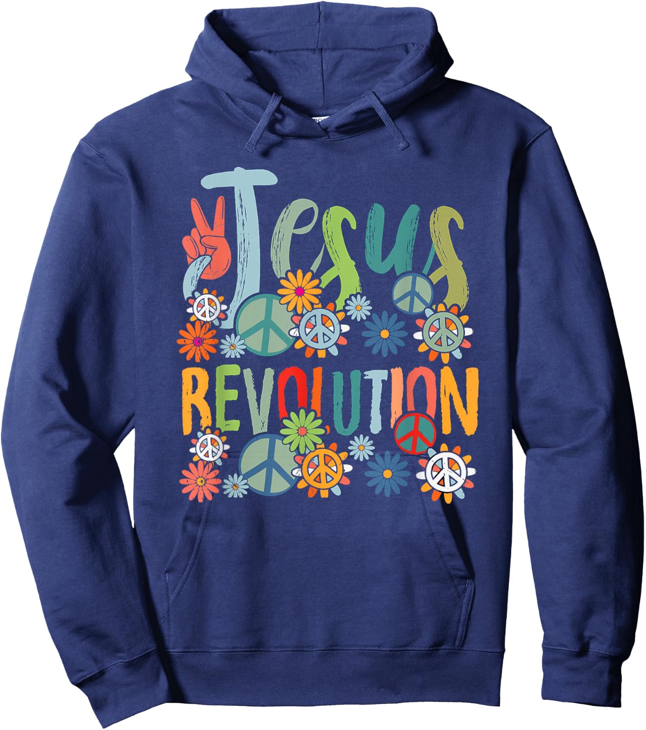 Jesus Revolution Faith Retro Groovy Flower Peace Sign Hoodie - Hoodie | Navy
