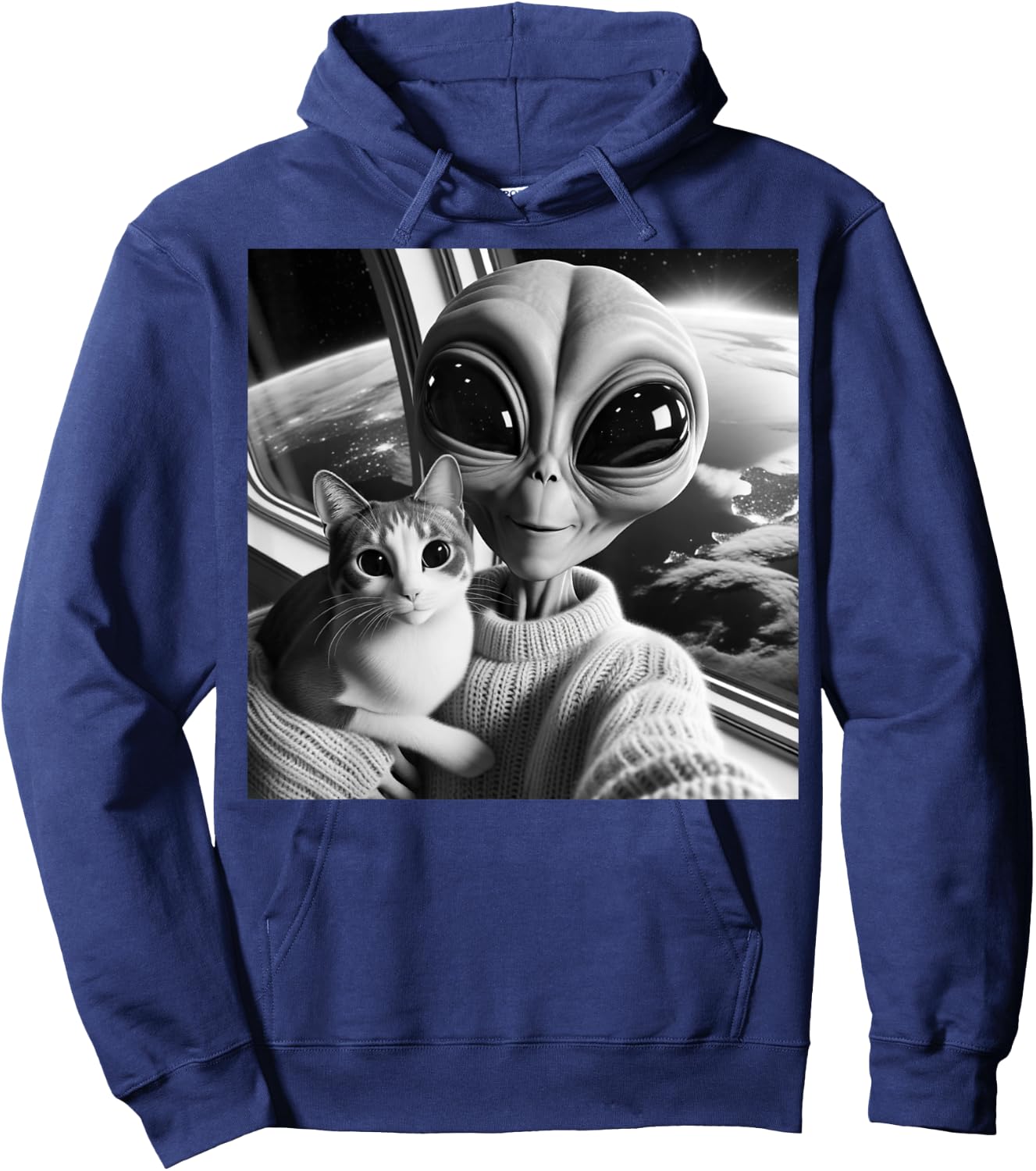 Cute Alien Cat Selfie Funny UFO Earth Photo Women Girls Kids Hoodie - Hoodie | Navy