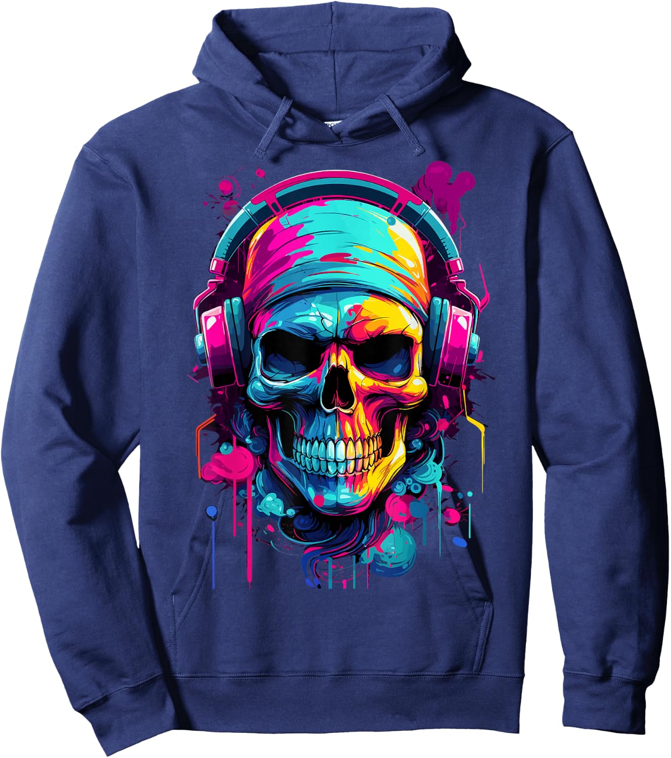 Colorful Skull With Headphones - Music Themed Horror Hoodie - Hoodie | Navy
