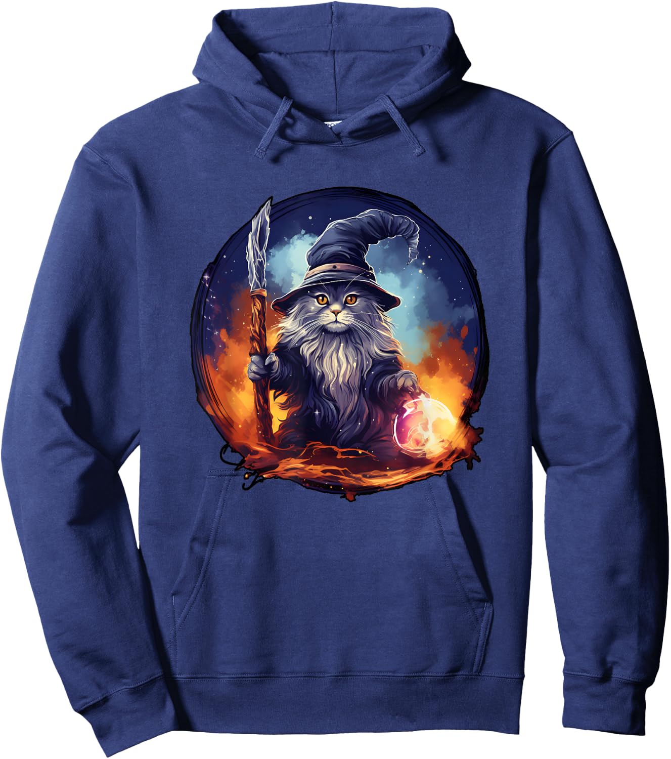 Magical Feline Sorcerer: Enchanting Wizard Cat Hoodie - Hoodie | Navy