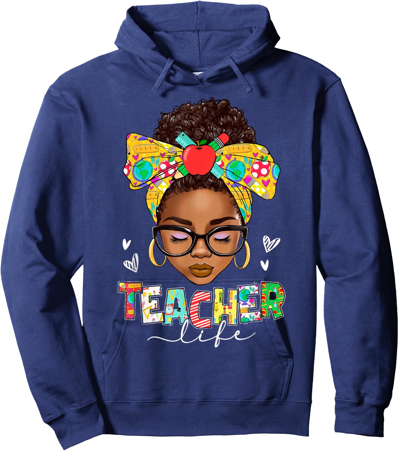 Teacher Life Messy Bun Afro African American Back To School Hoodie - Hoodie | Navy