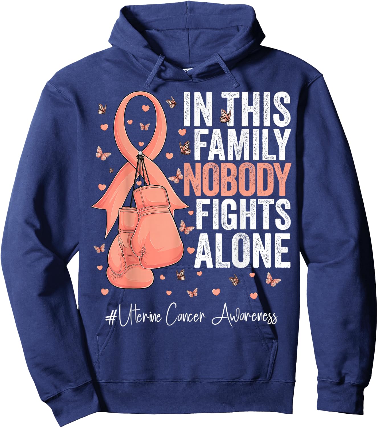 Peach Ribbon Survivor Fighter Uterine Cancer Awareness Hoodie - Hoodie | Navy