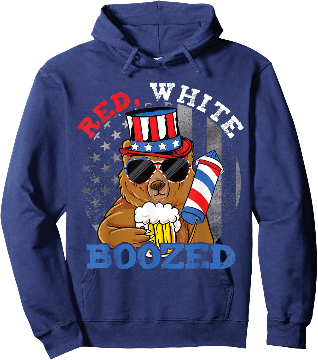 Red White Boozed Funny Bear Booze US 4th of July Hoodie - Hoodie | Navy