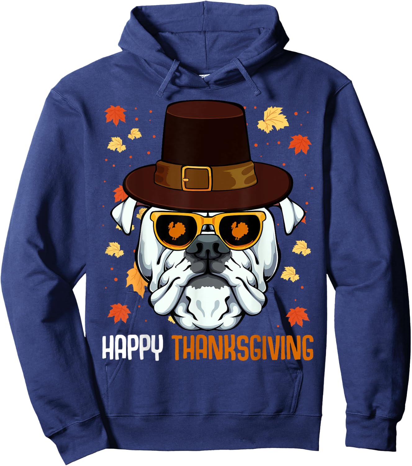 English Bulldog On Sunglasses Thanksgiving Day Dog Turkey Hoodie - Hoodie | Navy