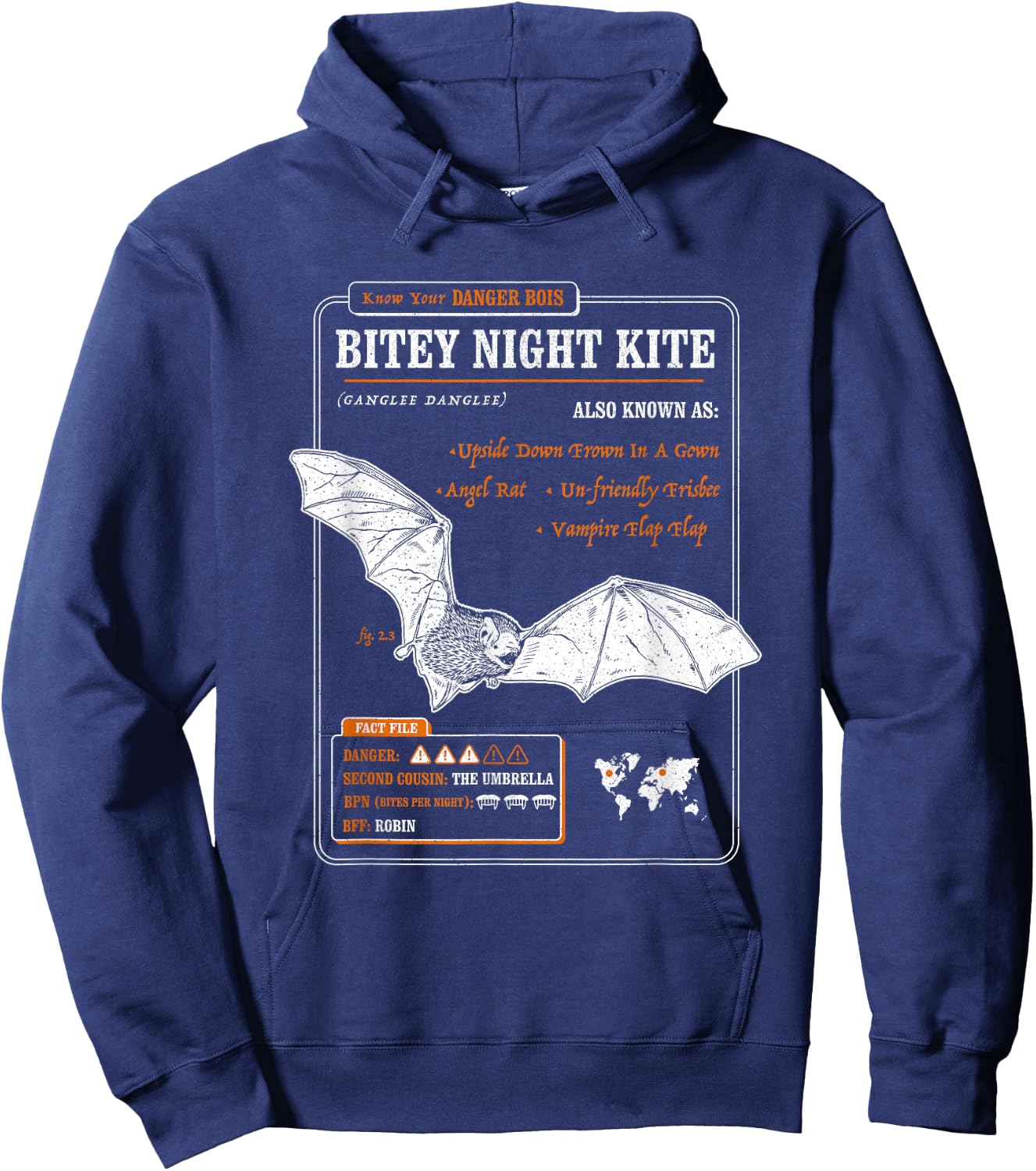 Funny Bat Fact File - Bitey Night Kite Hoodie - Hoodie | Navy