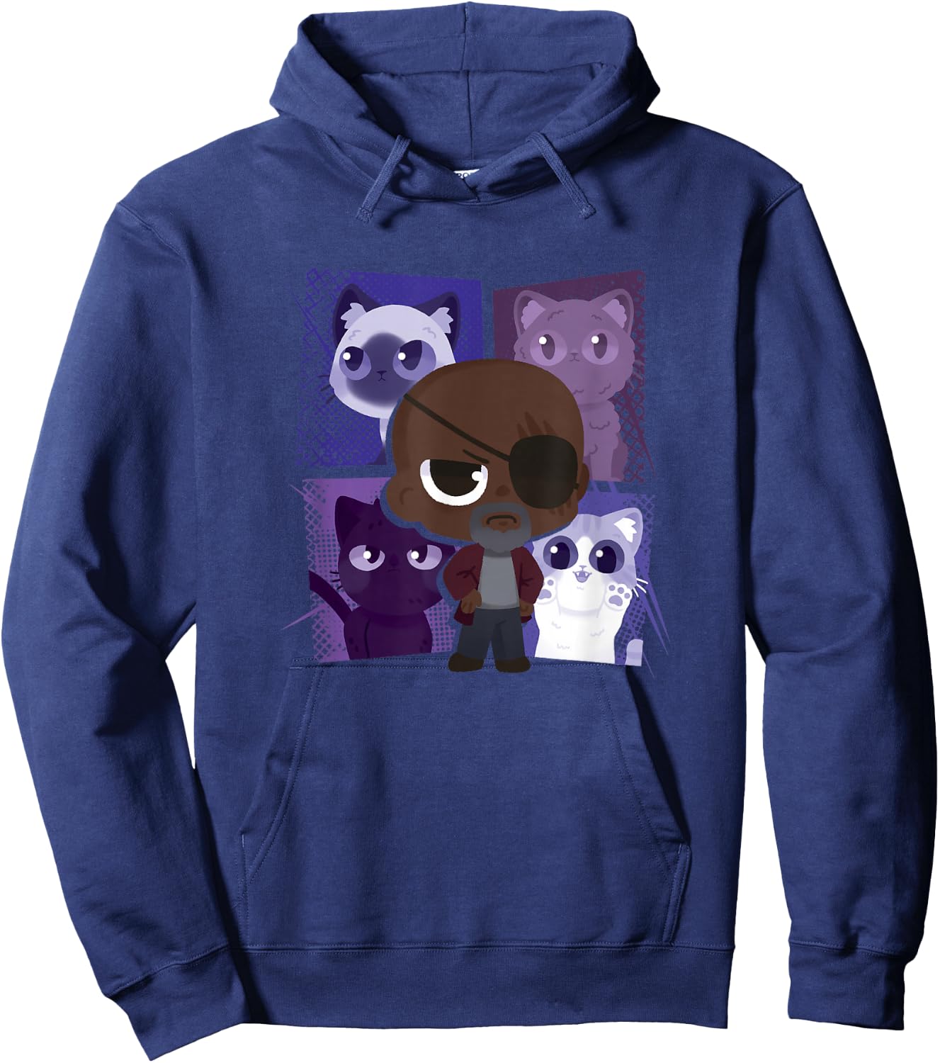 Marvel The Marvels Nick Fury Flerken Chibi Box Up Poster Hoodie - Hoodie | Navy