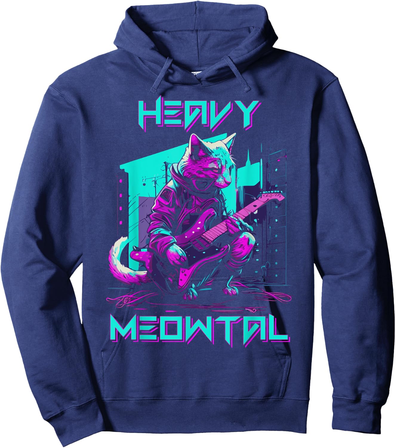 Vaporwave 80s Cat Playing Guitar Cyberpunk Meowtal Hoodie - Hoodie | Navy