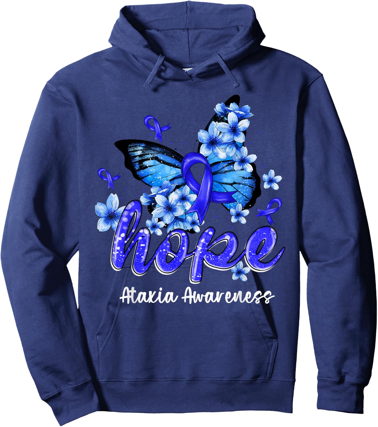 Hope Butterfly Blue Ribbon Ataxia Awareness Gifts Hoodie - Hoodie | Navy