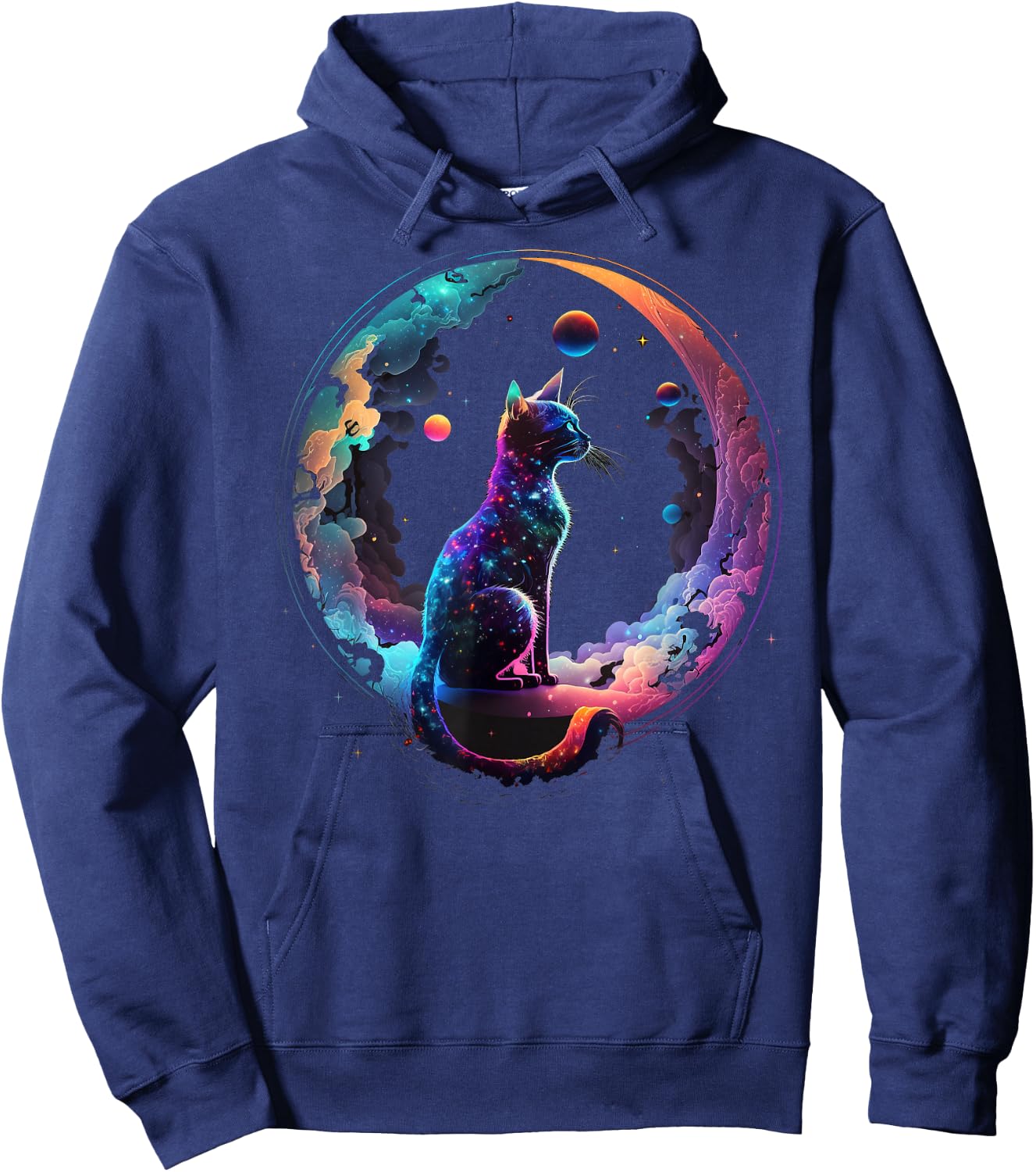 Cosmic Cat Cool Colorful Crescent Moon and Clouds Kitten Hoodie - Hoodie | Navy
