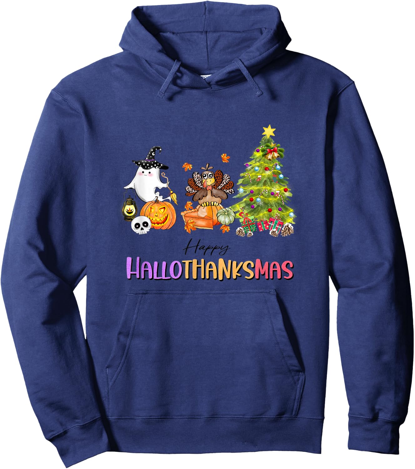 Happy Hallothanksmas Ghost Turkey Christmas Tree Hoodie - Hoodie | Navy