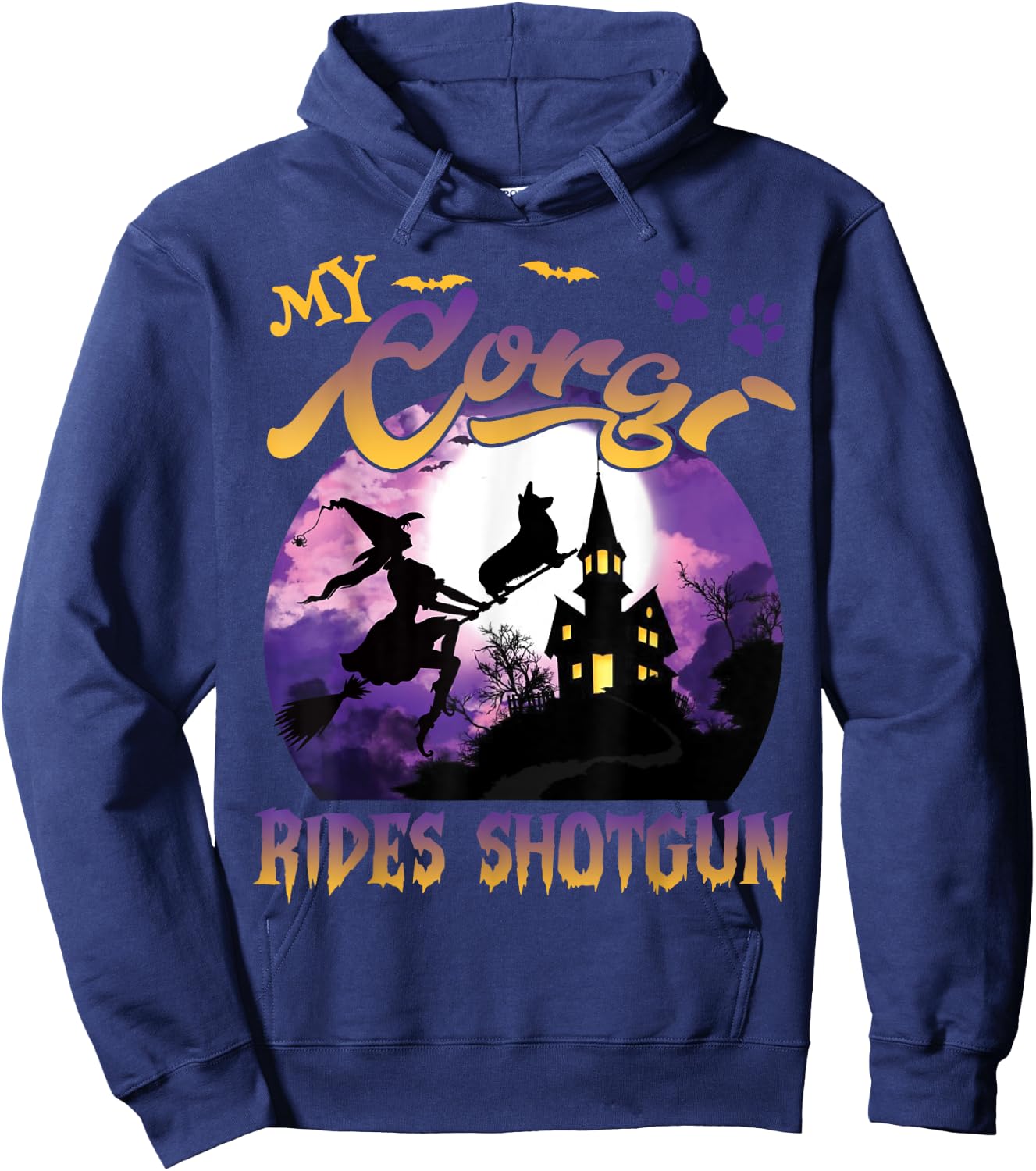 My Corgi Rides Shotgun Cool Halloween Protector Witch Dog Men Women Kids Hoodie - Hoodie | Navy