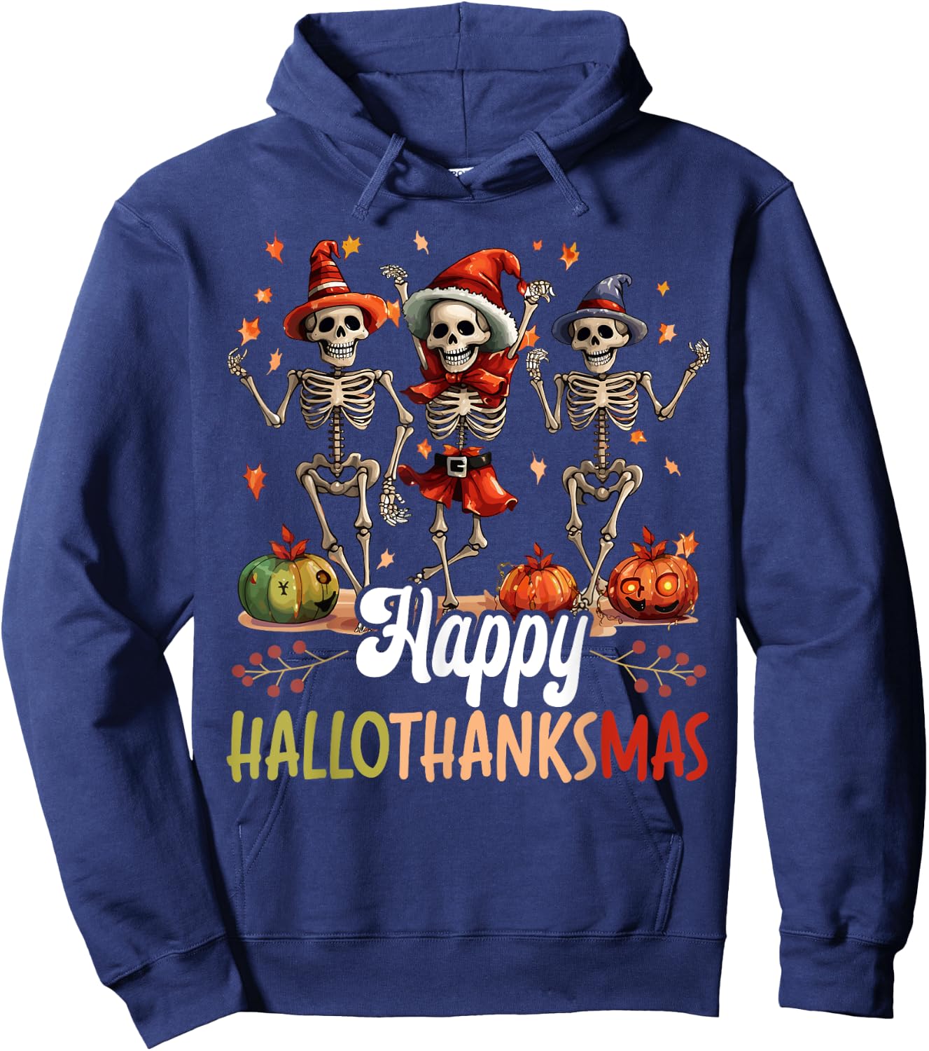 Happy Hallothanksmas Halloween Thanksgiving Christmas Hoodie - Hoodie | Navy