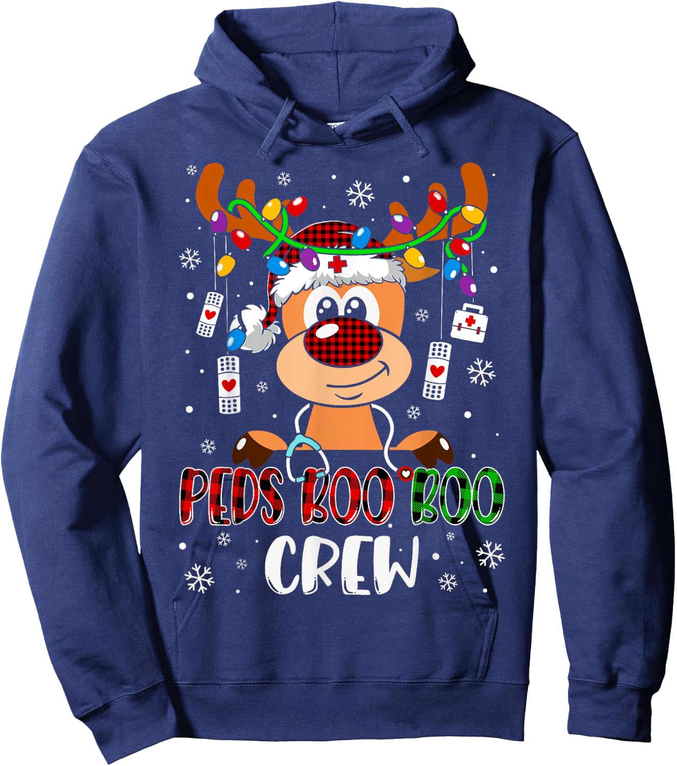 Peds Nurse Boo Crew Reindeer Nurse Buffalo Plaid Christmas Hoodie - Hoodie | Navy