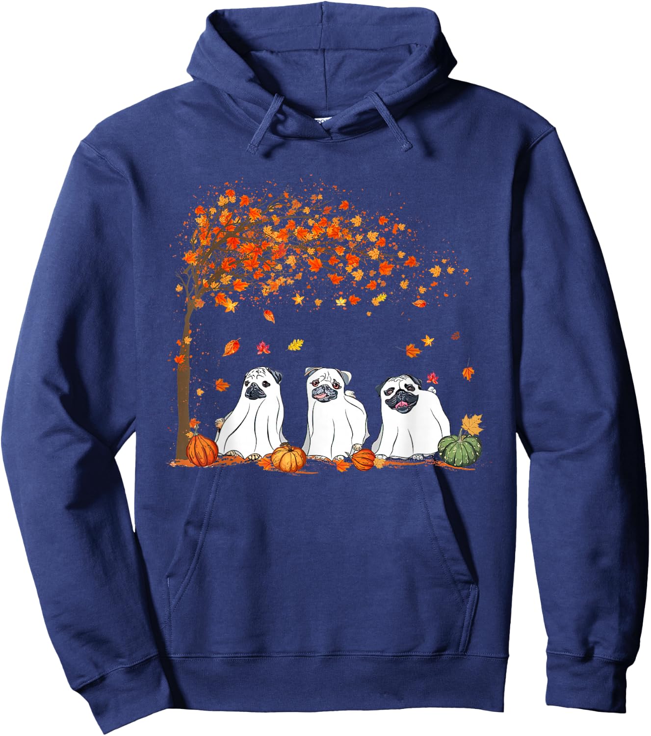 Pug Ghost Cute Under Fall Tree Halloween Autumn Dog Lovers Men Women Hoodie - Hoodie | Navy