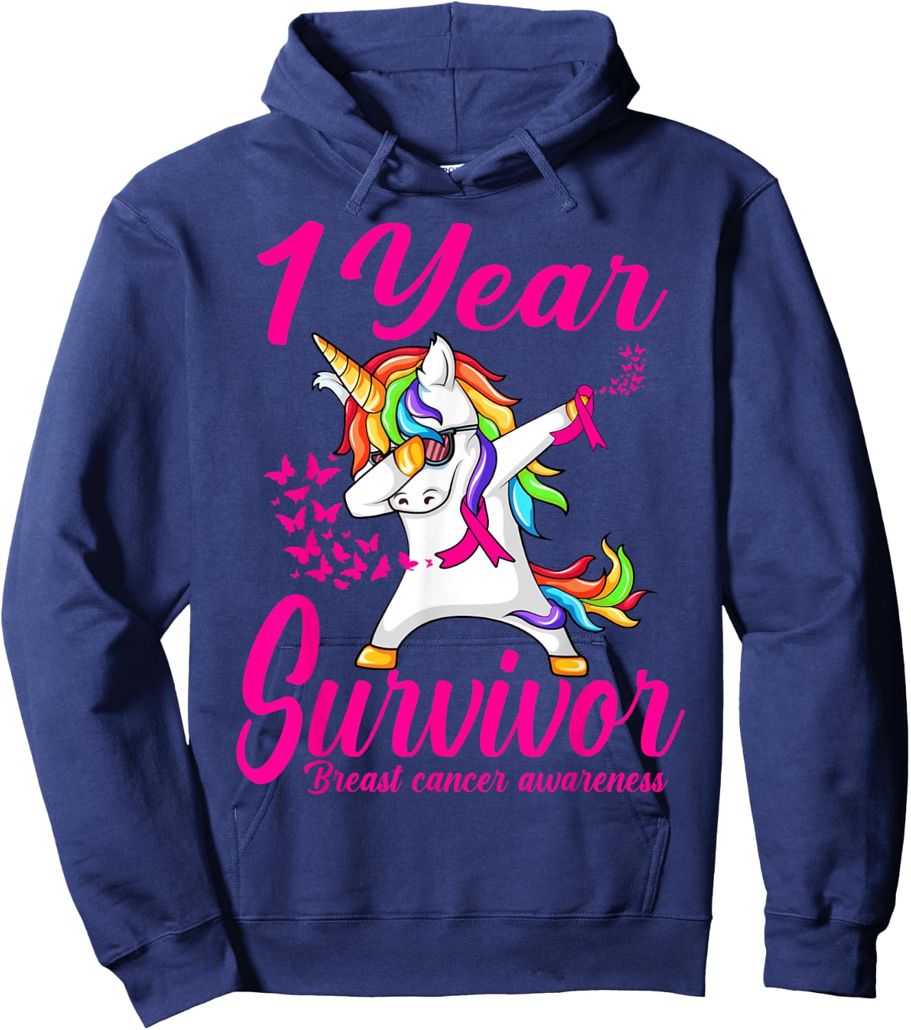 One 1 Years Survivor Breast Cancer Awareness Unicorn Hoodie - Hoodie | Navy