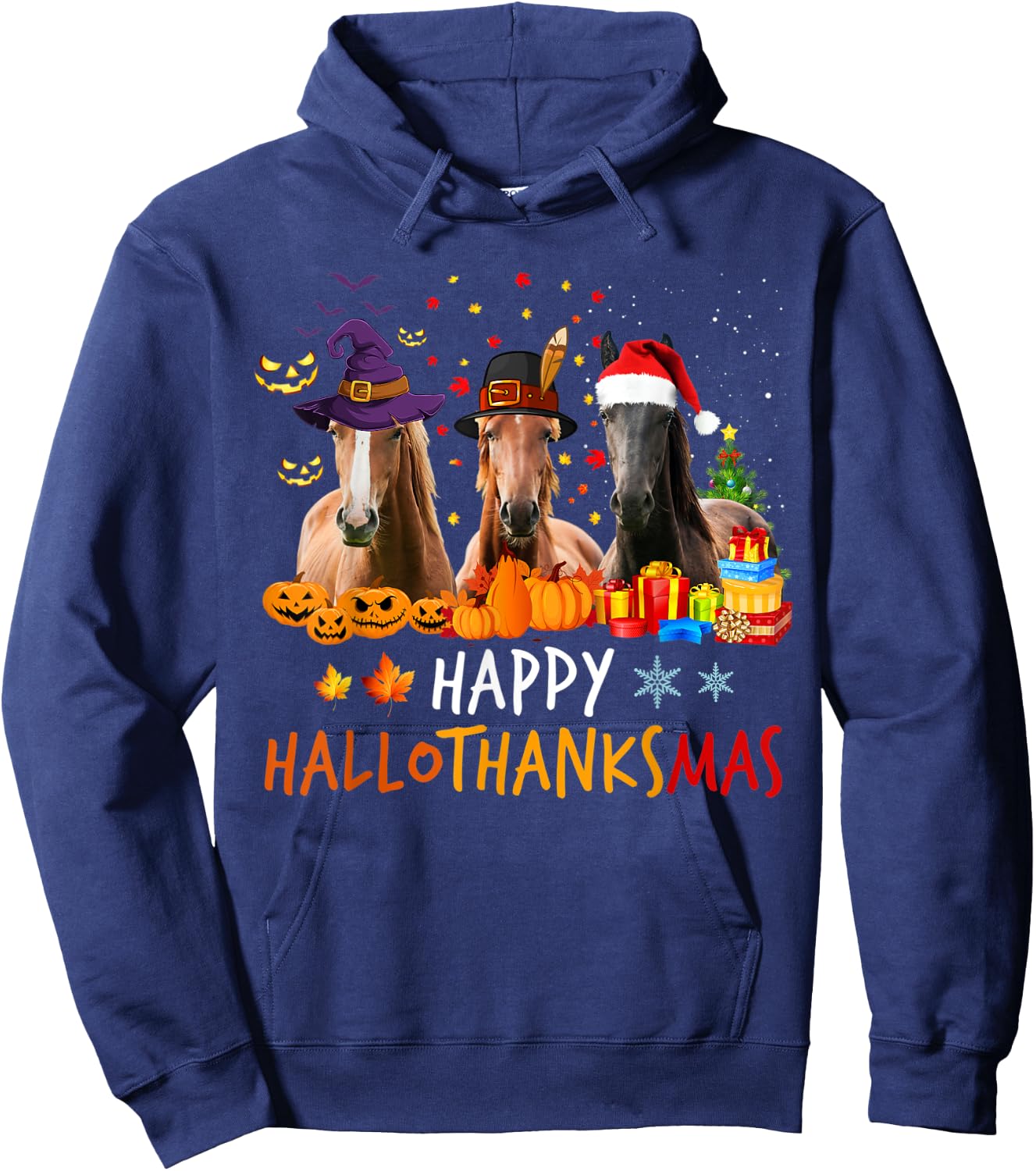 Horse Halloween Happy HalloThanksMas Thanksgiving Horses Hoodie - Hoodie | Navy