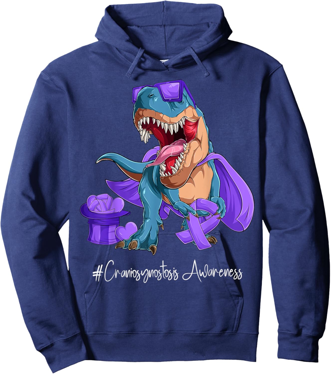 Craniosynostosis Awareness Month Purple Ribbon Trex Hoodie - Hoodie | Navy