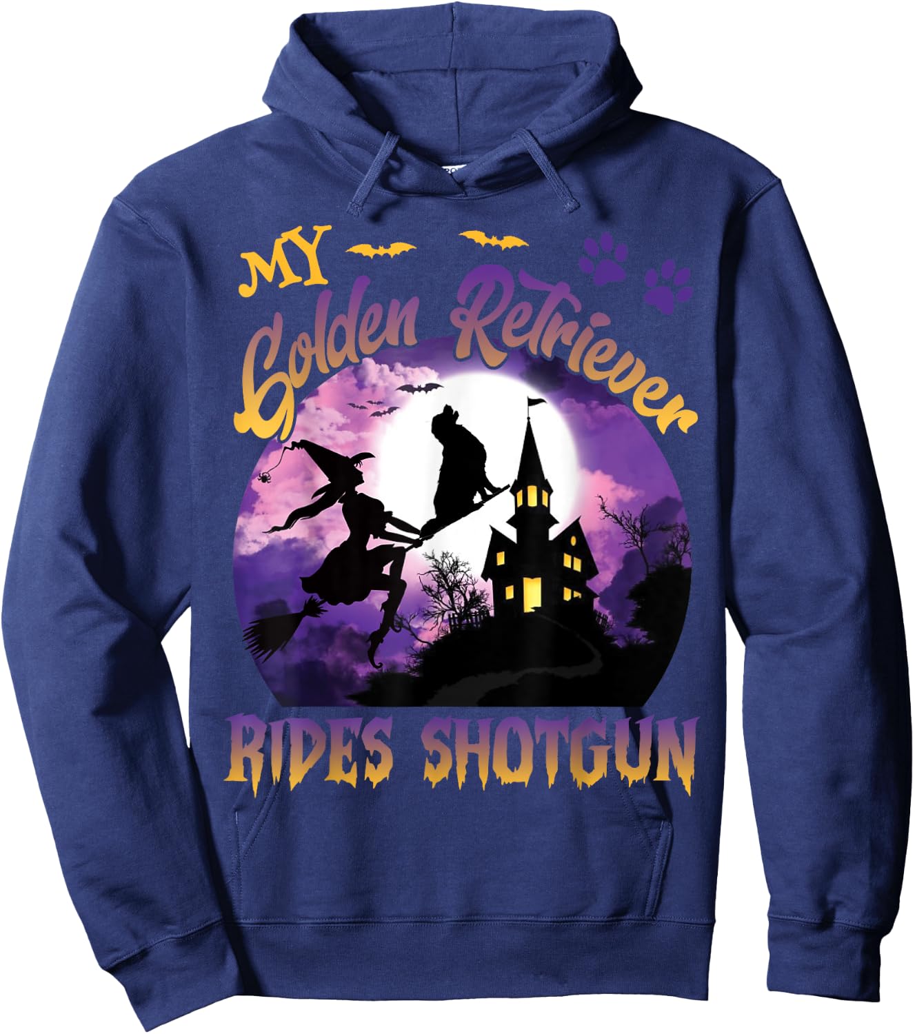 My Golden Retriever Rides Shotgun Cool Halloween Witch Dog Hoodie - Hoodie | Navy