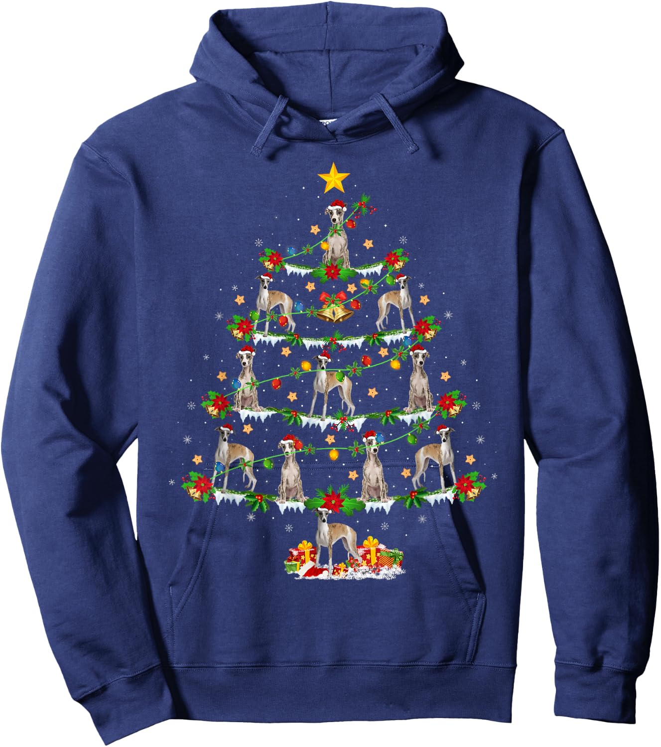 Holiday Xmas Lighting Santa Whippet Dog Christmas Tree Hoodie - Hoodie | Navy