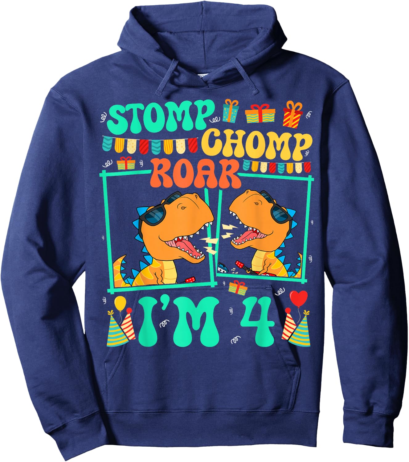 Stomp Chomp Roar I'm 4 Guitar Dinosaur Kid 4th Birthday Hoodie - Hoodie | Navy