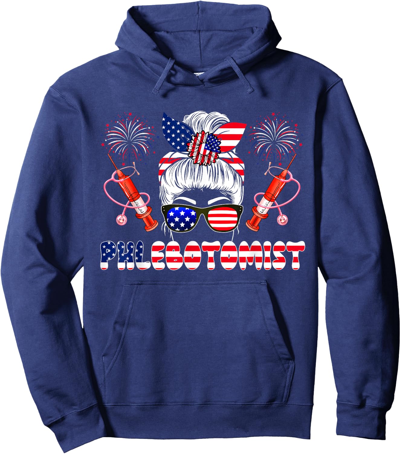 Phlebotomist 4th Of July Woman Bow Tie American Flag Lover Hoodie - Hoodie | Navy