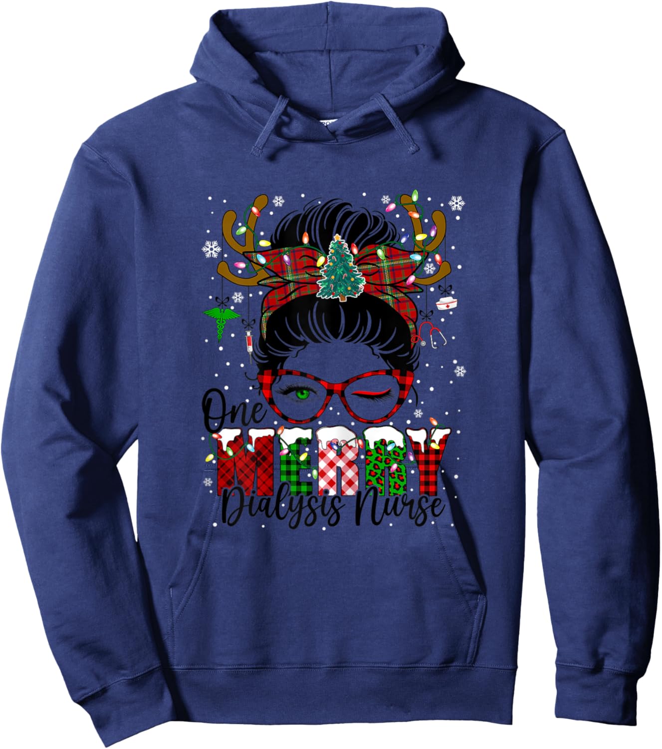 One Merry Dialysis Nurse Messy Bun Christmas Love Nurse Life Hoodie - Hoodie | Navy