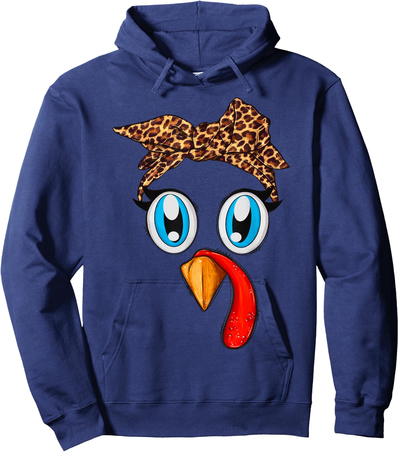 Cute Turkey Face Bandana Leopard Thanksgiving Women Girls Hoodie - Hoodie | Navy