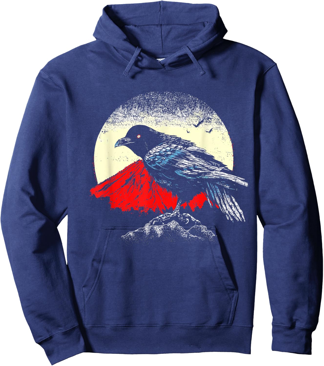 Japanese Art Black Crow Raven Red Moon - Retro Bird Hoodie - Hoodie | Navy