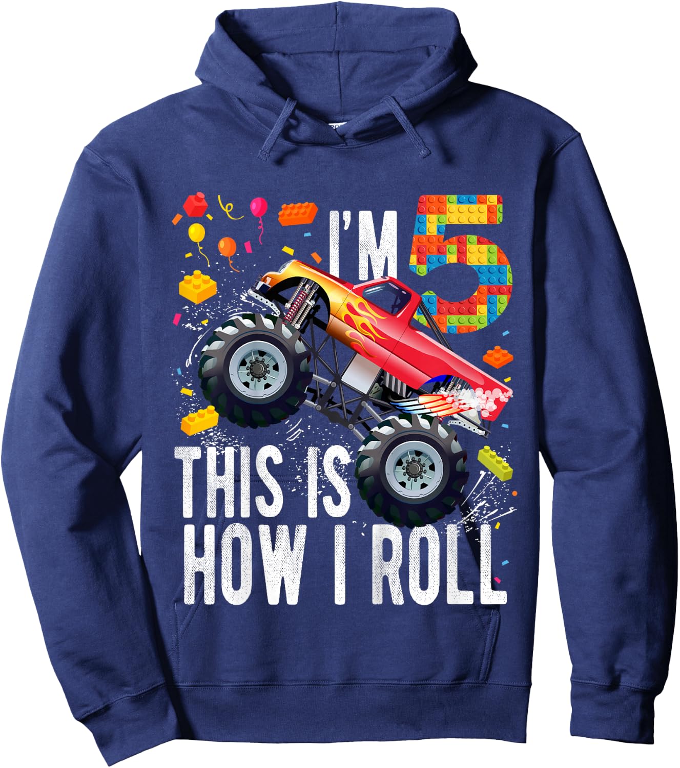 Kids 5 Year Old Building Blocks Monster Truck 5th Birthday Boy Hoodie - Hoodie | Navy