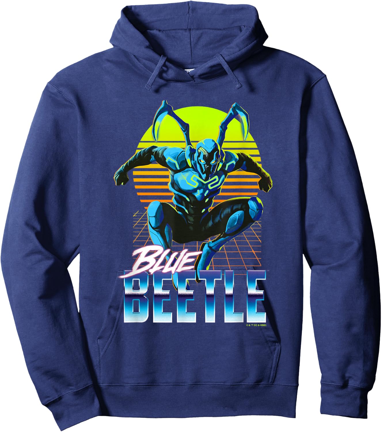 Blue Beetle Jumping Into Action Neon Gridline Background Hoodie - Hoodie | Navy